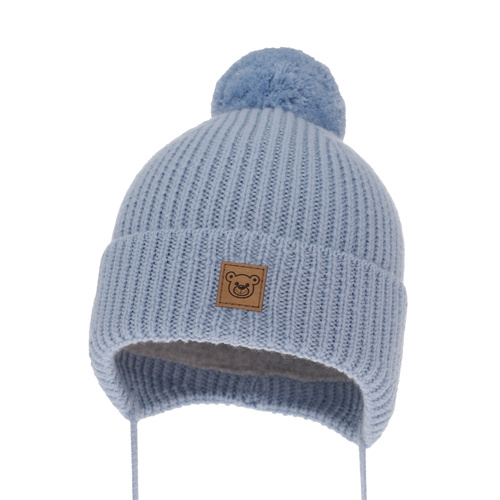Bonnet d'hiver garçon, bleu clair, avec laine mérinos, doublé de polaire, avec liens, Tofik