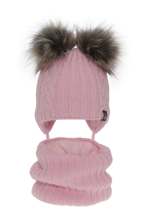 Ensemble d'hiver fille: bonnet et snood, rose, avec deux pompons, Marlen