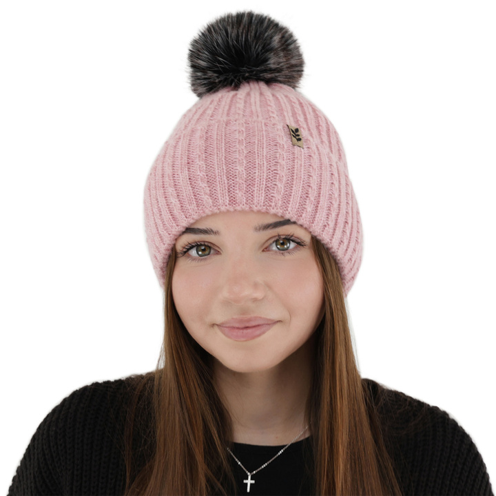 Bonnet d'hiver femme, rose, avec pompon, Calista