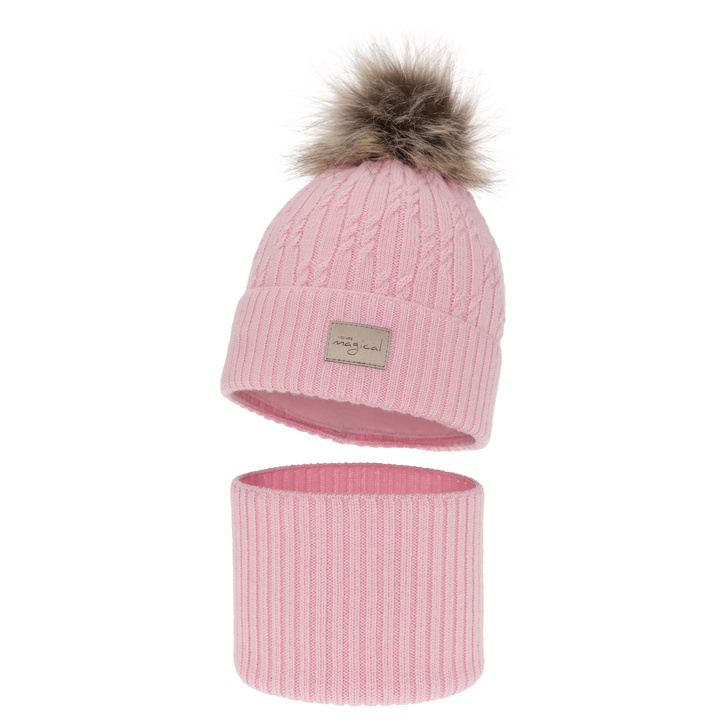Ensemble d'hiver fille: bonnet et snood, rose, avec pompon, 100% Laine Mérinos, Berna