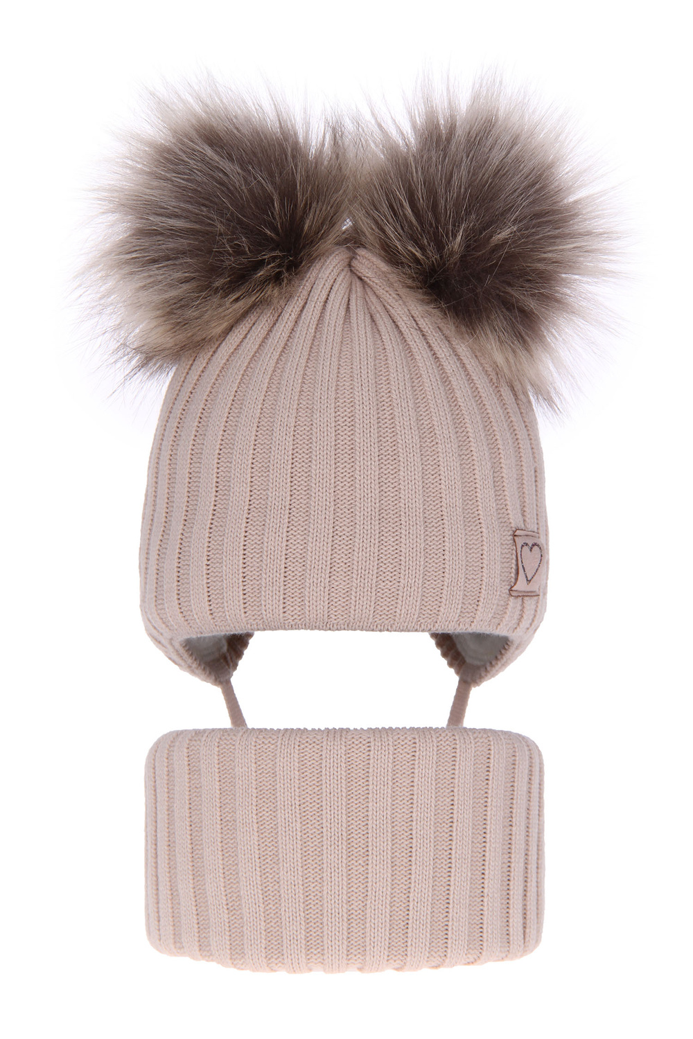 Ensemble d'hiver fille: bonnet et snood, beige, avec deux pompons, avec liens, Telisa