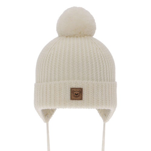 Bonnet d'hiver garçon, crème, avec laine mérinos, doublé de coton, avec liens, Tofik
