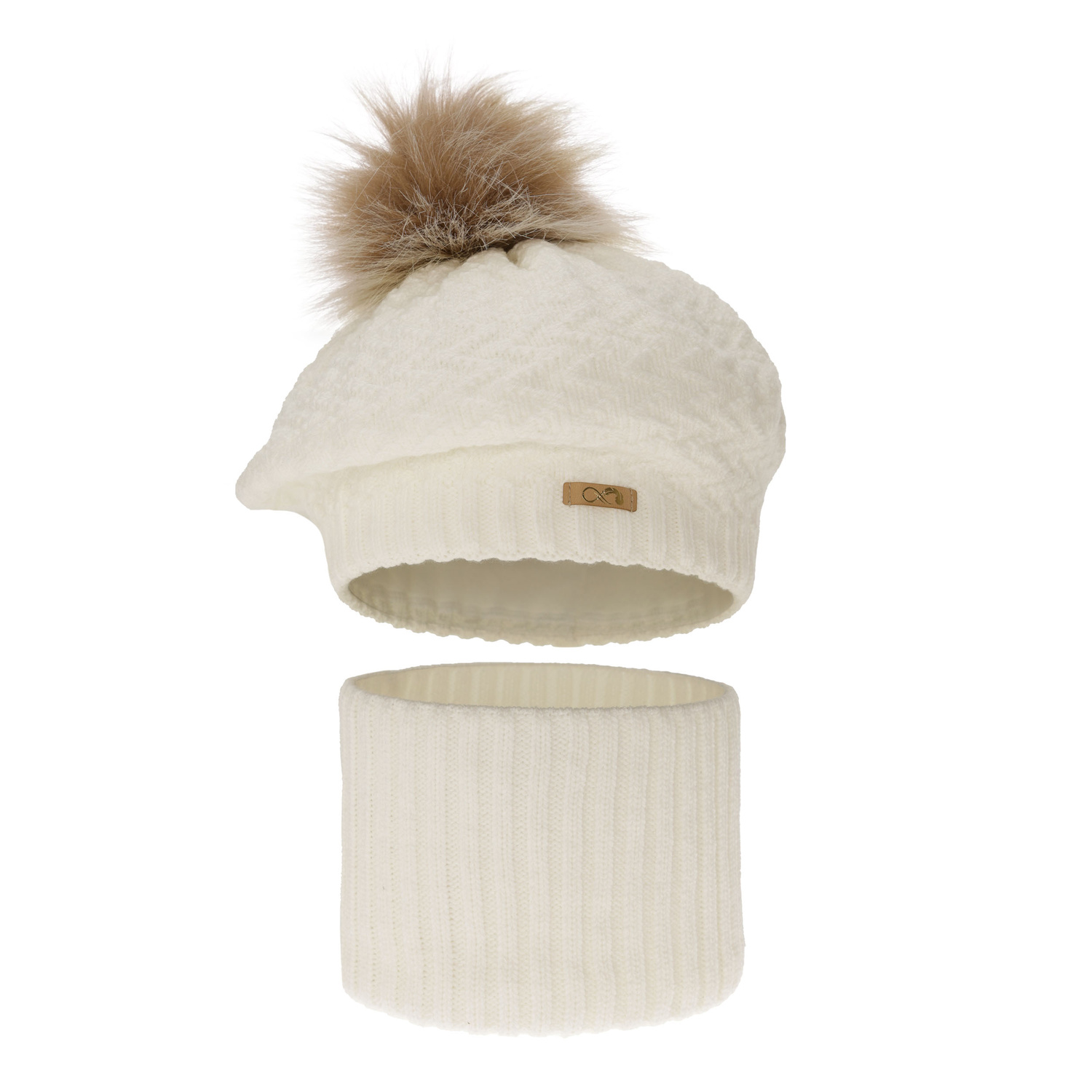 Ensemble d'hiver fille: béret et snood, crème, avec pompon, Atene