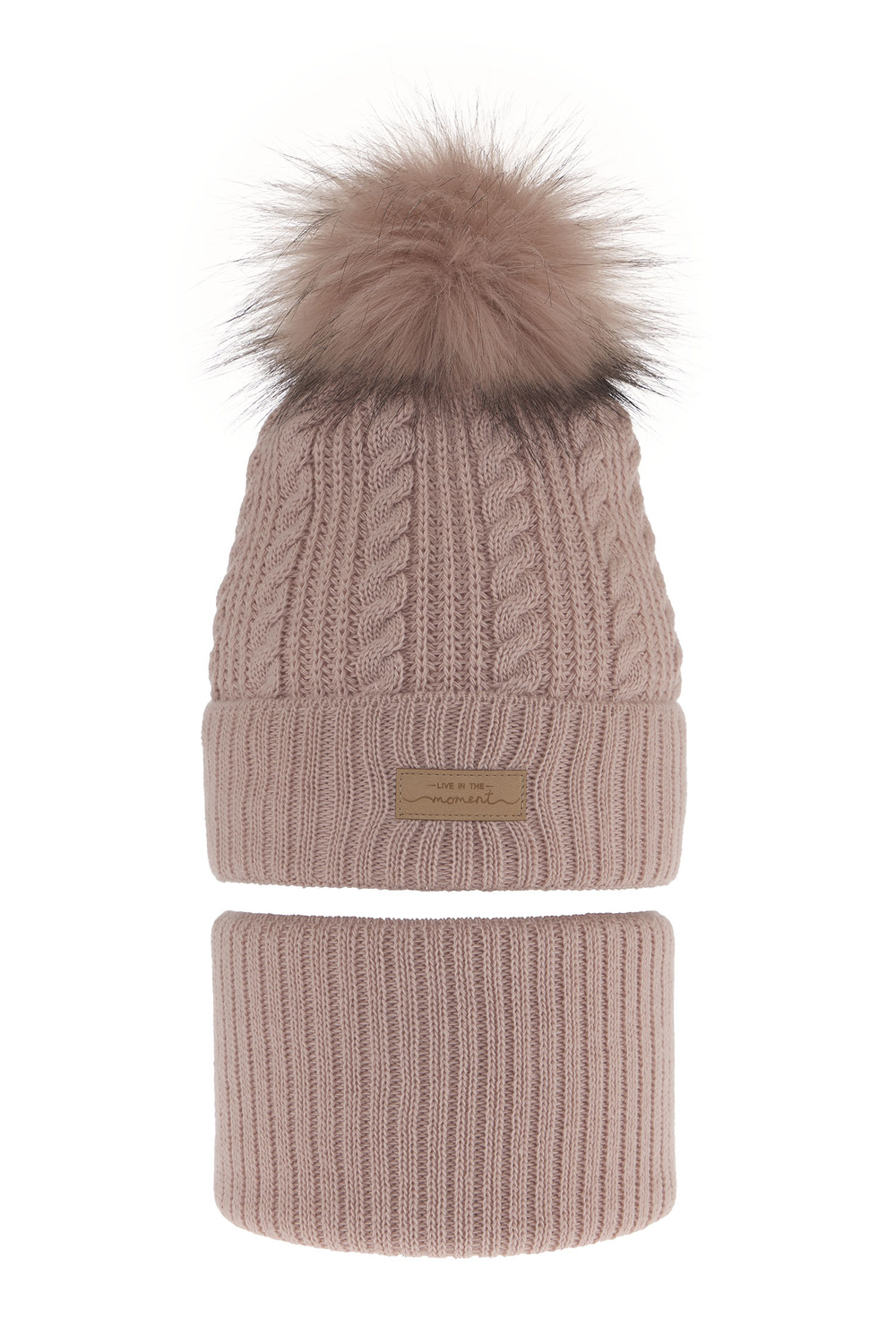 Ensemble d'hiver fille: bonnet et snood, rose, avec pompon, Alika