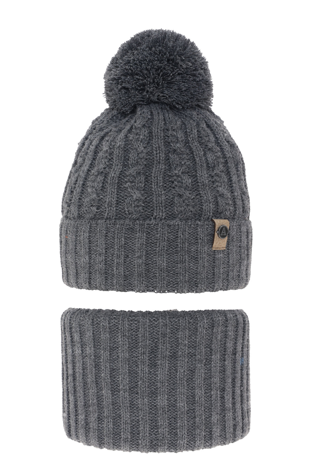 Ensemble d'hiver garçon: bonnet et snood, gris, avec pompon, Almond