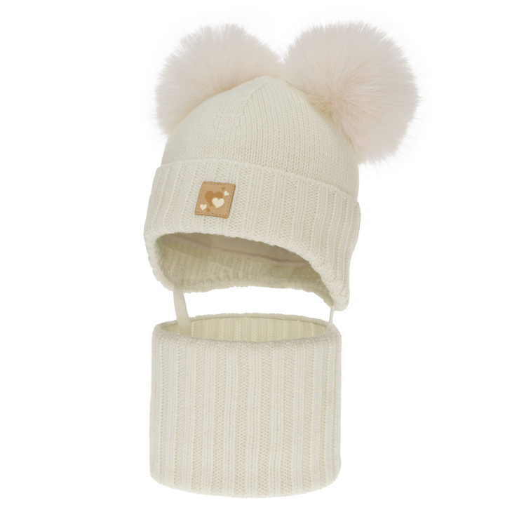 Ensemble bonnet et tour de cou fille, hiver, crème, 100% laine mérinos, doublé polaire laine, Ronia