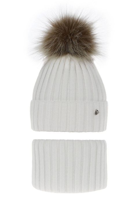 Ensemble d'hiver fille: bonnet et snood, blanc, avec pompon, Wilma