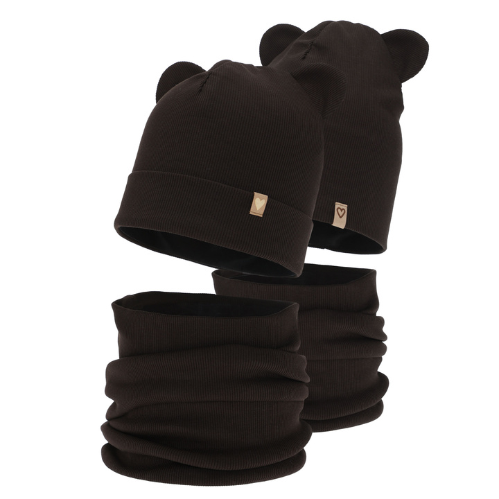 Ensemble automne/printemps fille: bonnet et snood, coton, marron foncé, Luminia