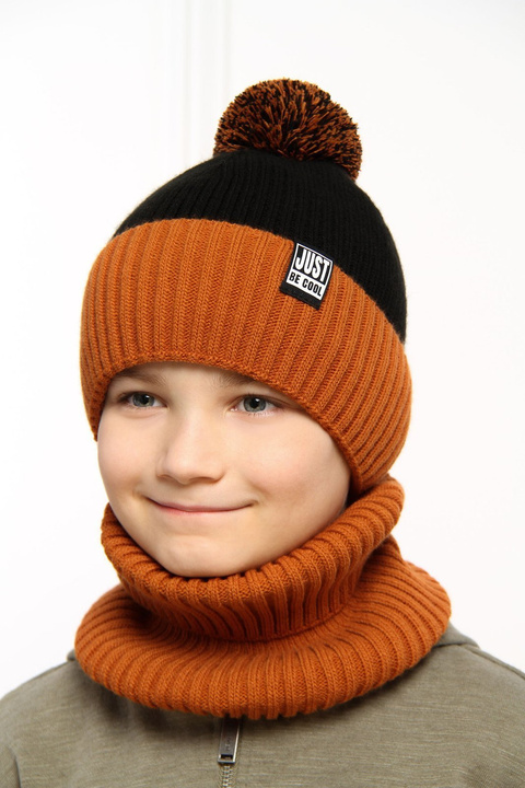 Ensemble d'hiver garçon: bonnet et snood, orange, avec pompon, Arlekin