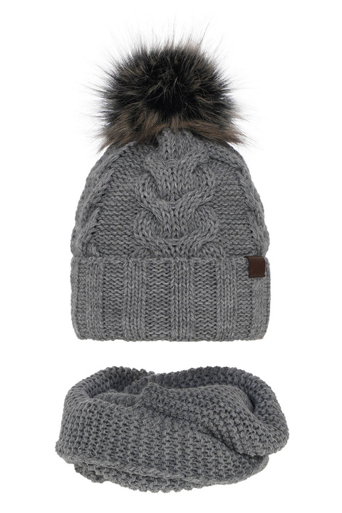 Ensemble d'hiver fille: bonnet et snood, gris, avec pompon, Torina
