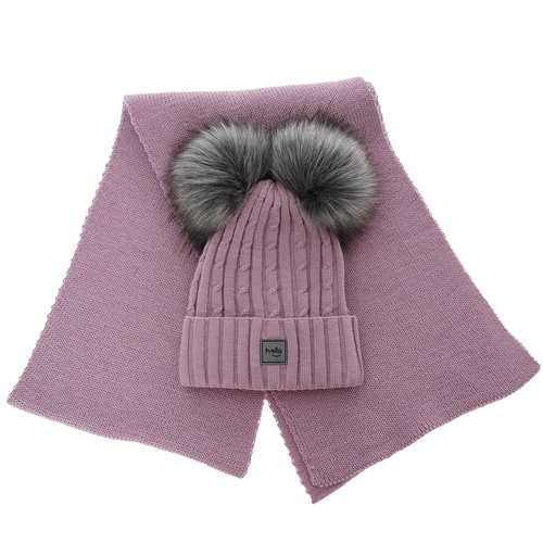 Ensemble d'hiver fille: bonnet et écharpe, noir, avec deux pompons, Zenda