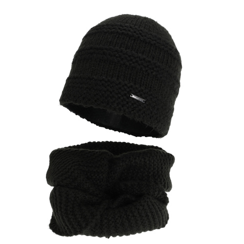 Ensemble d'hiver (bonnet et snood), noir, avec laine mérinos, Driva