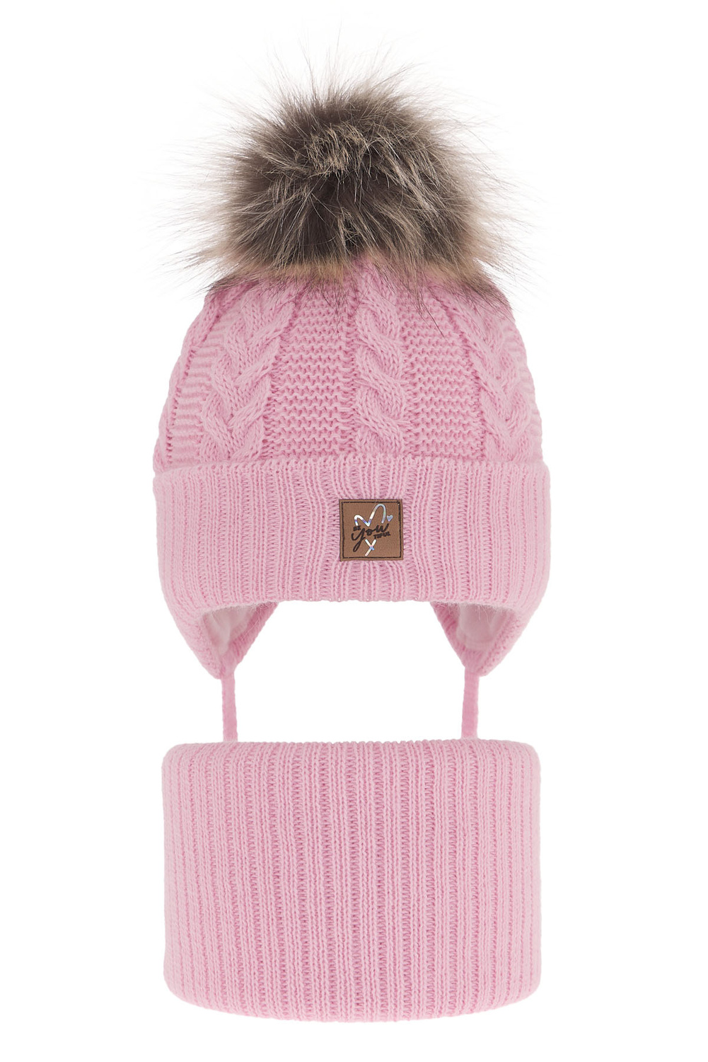 Ensemble d'hiver fille: bonnet et snood, rose, avec liens, avec pompon, Finess