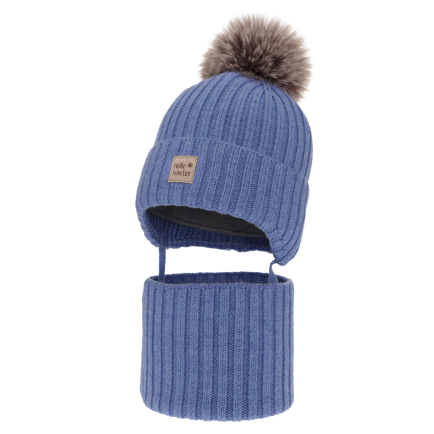 Ensemble d'hiver garçon: bonnet et snood, bleu, avec laine mérinos, doublé de polaire, avec liens, Morti