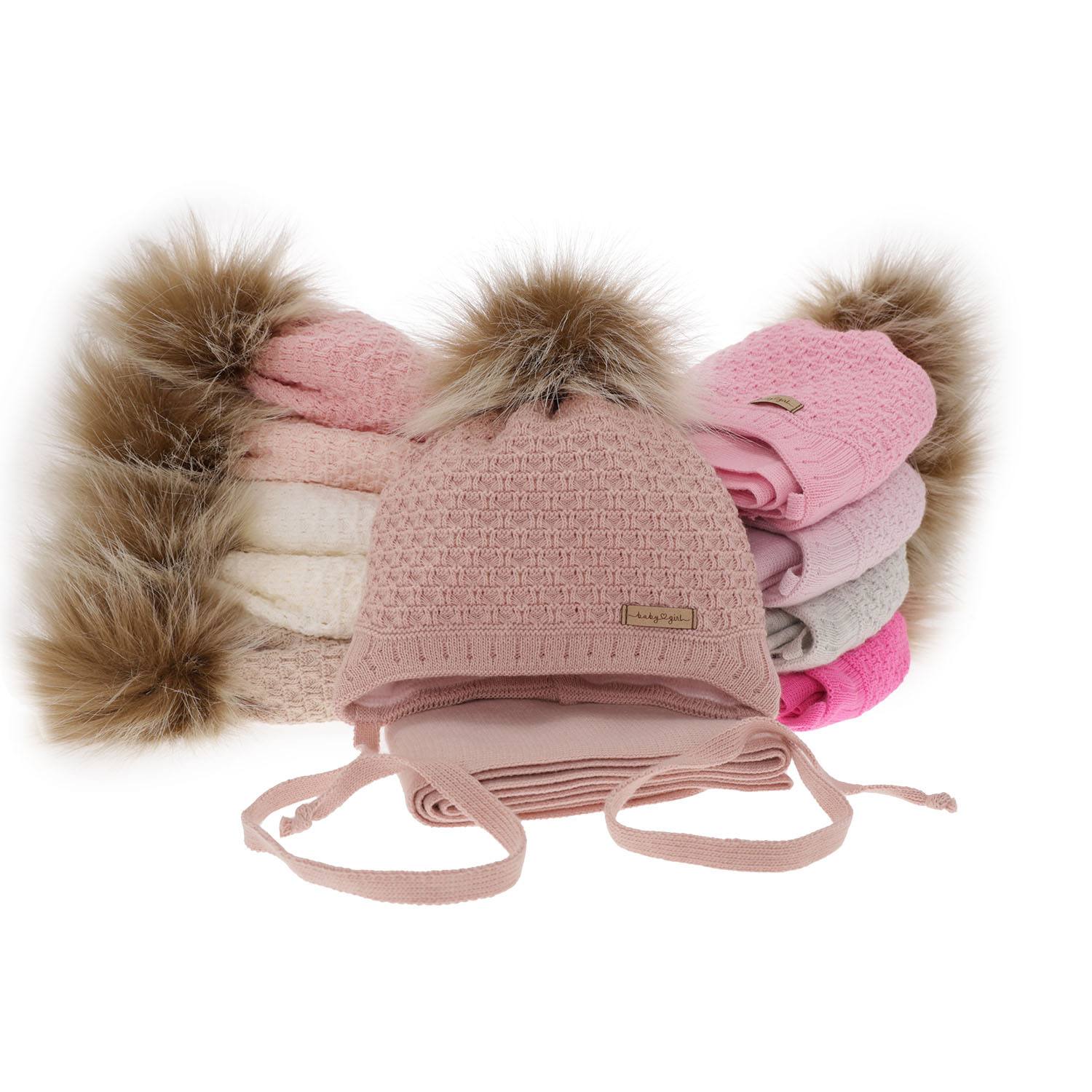 Ensemble d'hiver fille: bonnet et écharpe, rose, avec liens, avec pompon, Clotilde