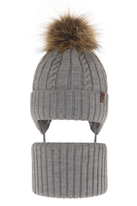 Ensemble d'hiver garçon: bonnet et snood, gris, avec pompon, avec liens, Peter