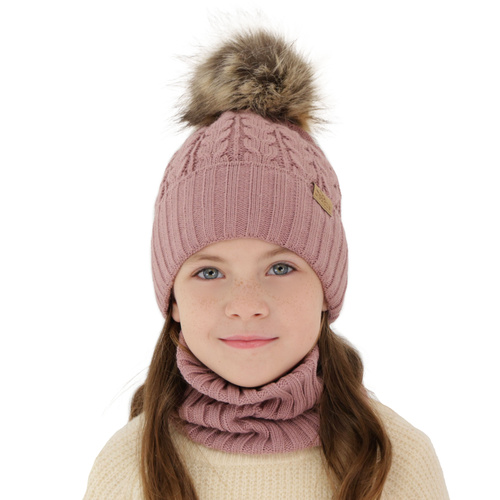 Ensemble d'hiver fille: bonnet et snood, camel, avec pompon, Tanzania