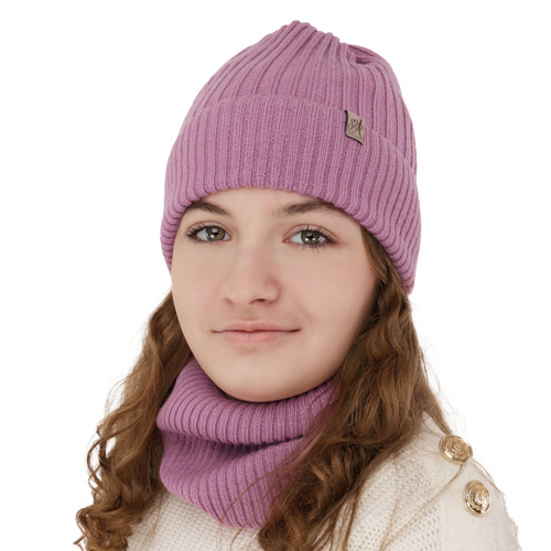 Ensemble d'hiver fille: bonnet et snood, amarante, avec laine mérinos, Patricia