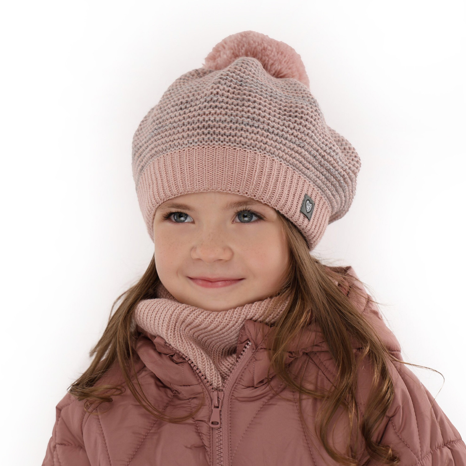 Ensemble d'hiver fille: béret et snood, noir, avec pompon, Lira