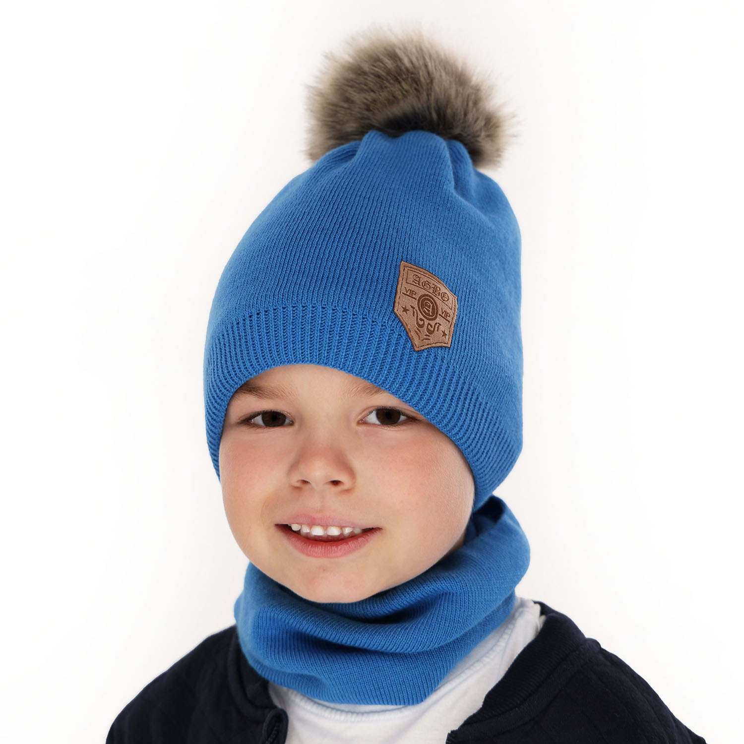 Ensemble d'hiver garçon: bonnet et snood, noir, avec pompon, Apolin