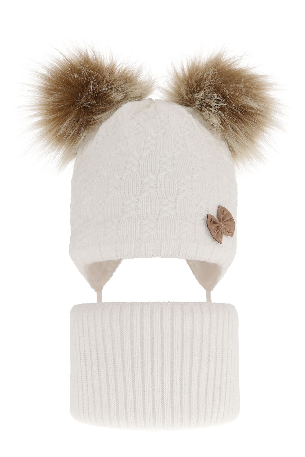 Ensemble d'hiver fille: bonnet et snood, blanc, avec deux pompons, avec liens, Bettina