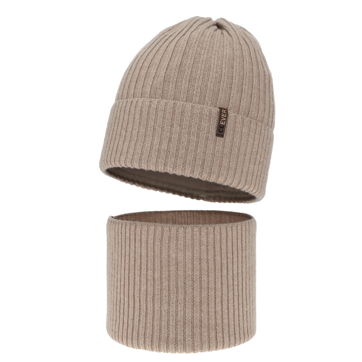 Ensemble d'hiver garçon: bonnet et snood, beige, avec laine mérinos, Gizmo