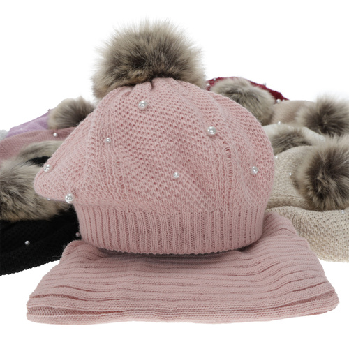 Ensemble d'hiver fille: béret et snood, doublé de polaire, beige, avec pompon, Jeanette