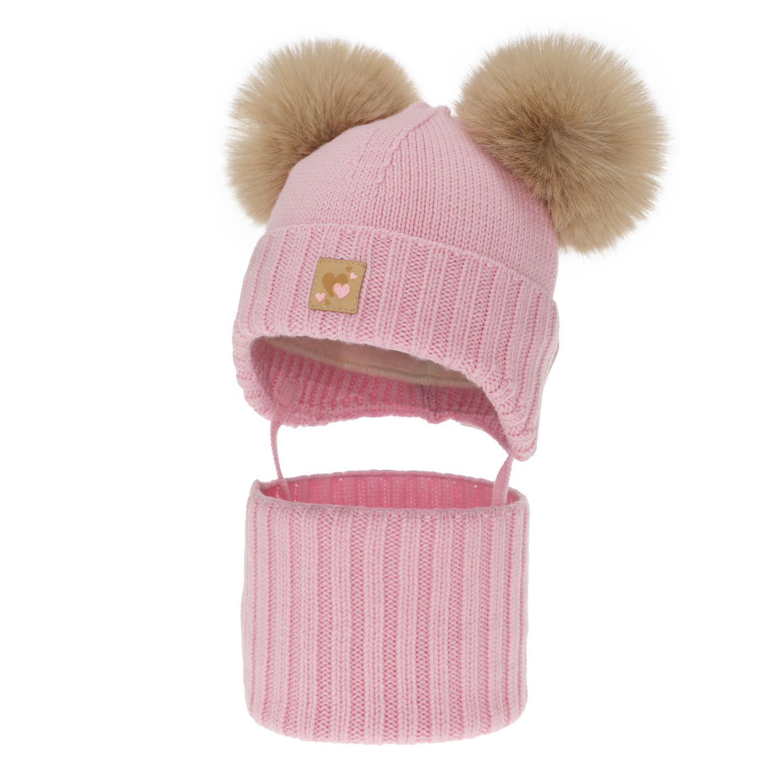 Ensemble bonnet et tour de cou fille, hiver, rose, 100% laine mérinos, doublé polaire laine, Ronia