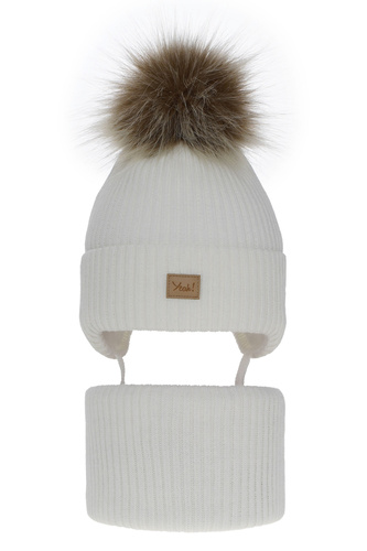 Ensemble d'hiver fille: bonnet et snood, blanc, avec pompon, Dilajla