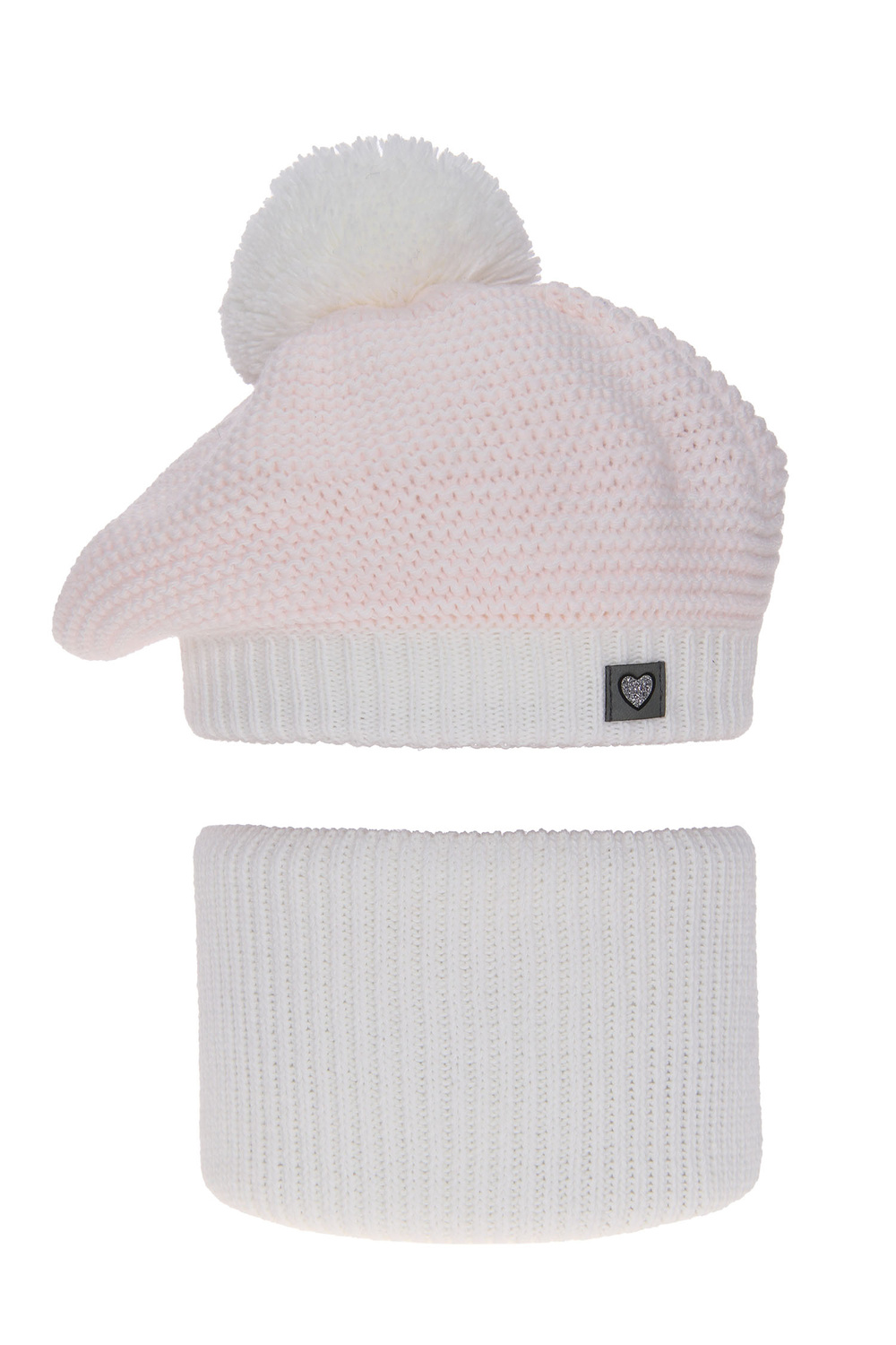Ensemble d'hiver fille: béret et snood, blanc, avec pompon, Lira
