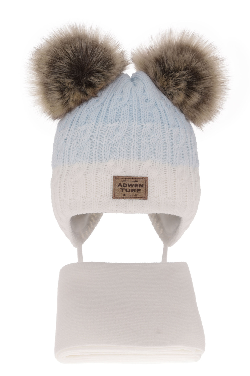 Ensemble d'hiver garçon: bonnet et écharpe, blanc, avec deux pompons, Platon
