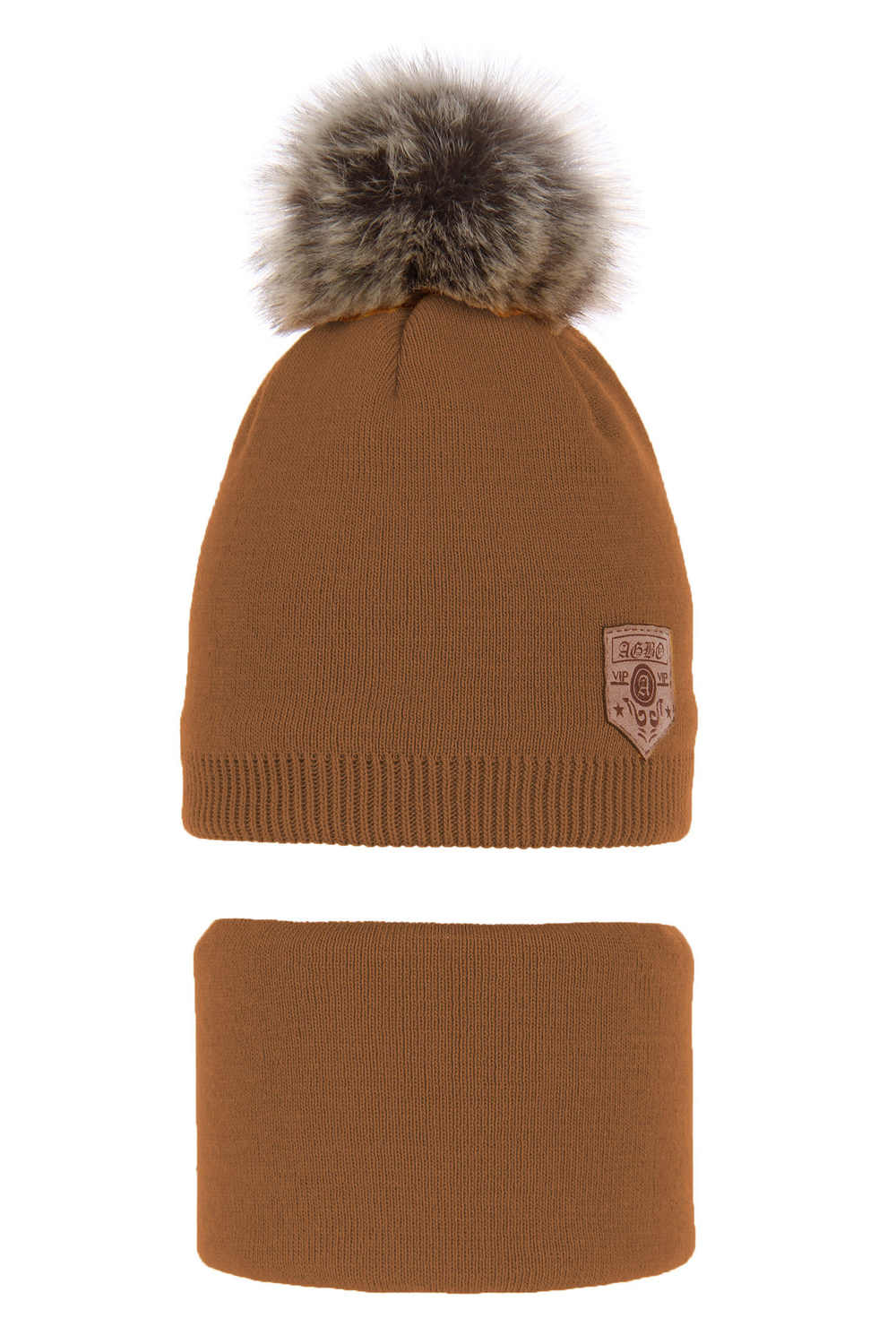 Ensemble d'hiver garçon: bonnet et snood, camel, avec pompon, Apolin