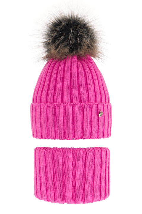 Ensemble d'hiver fille: bonnet et snood, rose, avec pompon, Wilma