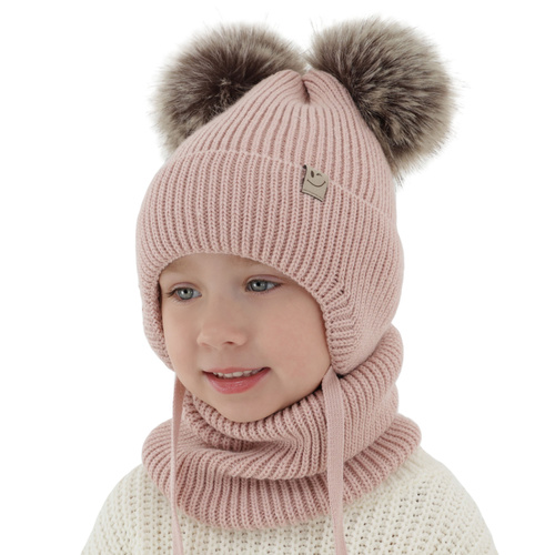 Ensemble d'hiver fille: bonnet et snood, noir, avec deux pompons, avec liens, Zori