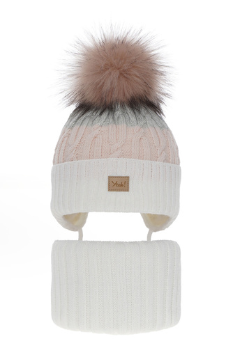 Ensemble d'hiver fille: bonnet et snood, crème, avec pompon, avec liens, Riviera
