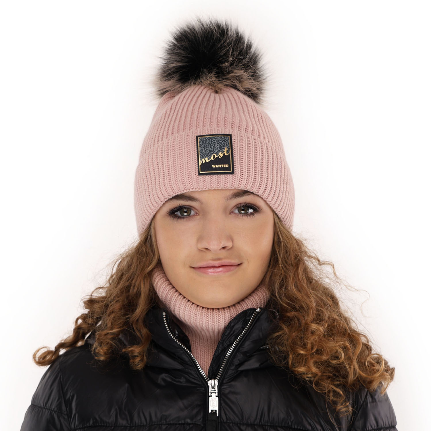 Ensemble d'hiver fille: bonnet et snood, brun, avec pompon, Sycylia