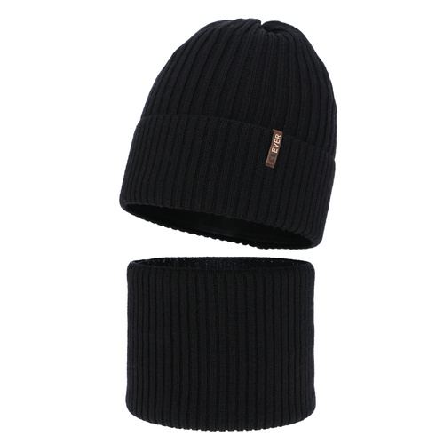 Ensemble d'hiver garçon: bonnet et snood, noir, avec laine mérinos, Gizmo