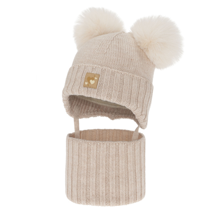 Ensemble bonnet et tour de cou fille, hiver, beige, 100% laine mérinos, doublé polaire laine, Ronia