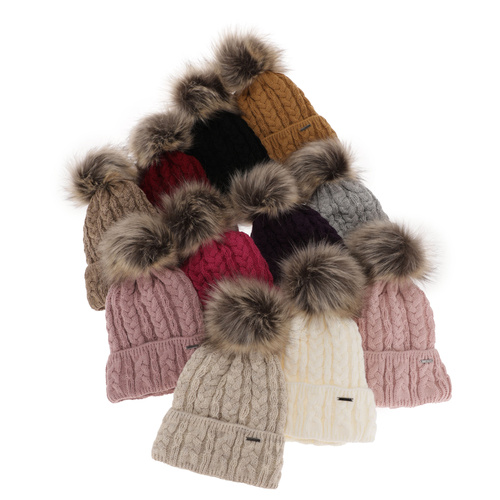 Bonnet d'hiver femme, camel, avec pompon, Omega