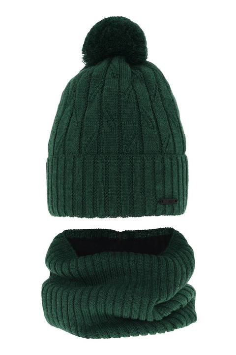 Ensemble d'hiver garçon: bonnet et snood, vert, avec pompon, avec laine mérinos, Talar