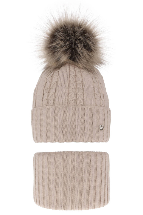 Ensemble d'hiver fille: bonnet et snood, beige, avec pompon, Felia