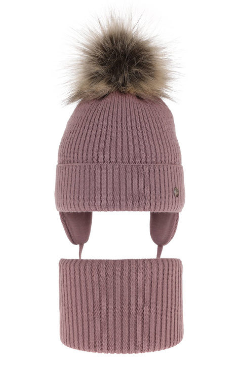 Ensemble d'hiver fille: bonnet et snood, violet, avec liens, avec pompon, Debra