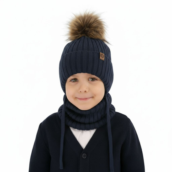 Ensemble d'hiver garçon: bonnet et snood, bleu, avec liens, avec laine mérinos, Juno
