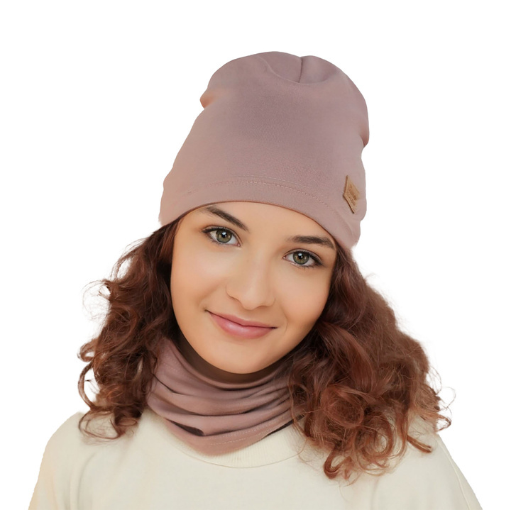 Ensemble automne/printemps fille: bonnet et snood, lavande, en coton, Selfie