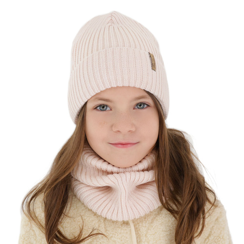 Ensemble d'hiver fille bonnet et snood, doublé de coton, beige, avec laine mérinos, Odette