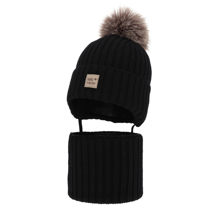 Ensemble d'hiver garçon: bonnet et snood, noir, avec laine mérinos, doublé de polaire, avec liens, Morti