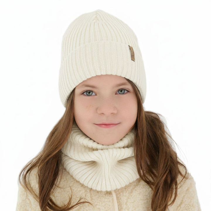Ensemble d'hiver fille (bonnet et snood), crème, avec laine mérinos, Odette