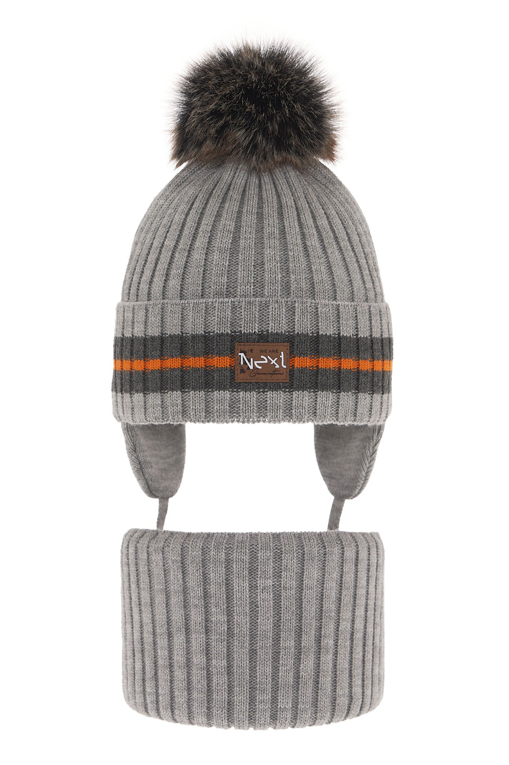 Ensemble d'hiver garçon: bonnet et snood, gris clair, avec pompon, Echo