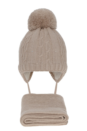 Ensemble d'hiver fille: bonnet et écharpe, beige, avec pompon, Candy