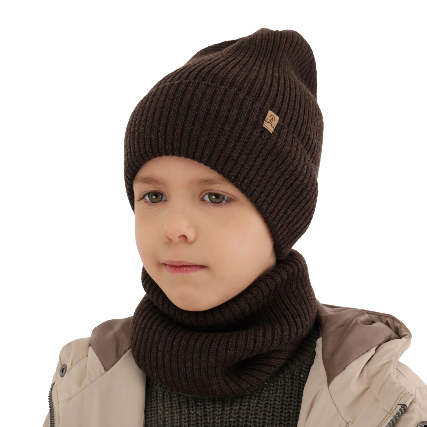 Ensemble automne/printemps garçon: bonnet et snood, camel, avec laine mérinos, Lemas